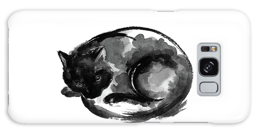 Black Cat Painting Galaxy Case featuring the painting Black Cat Painting, Small Cat Painting, Lucky Cat Poster, Japanese Cat Painting, Zen Cat Artwork by Mariusz Szmerdt