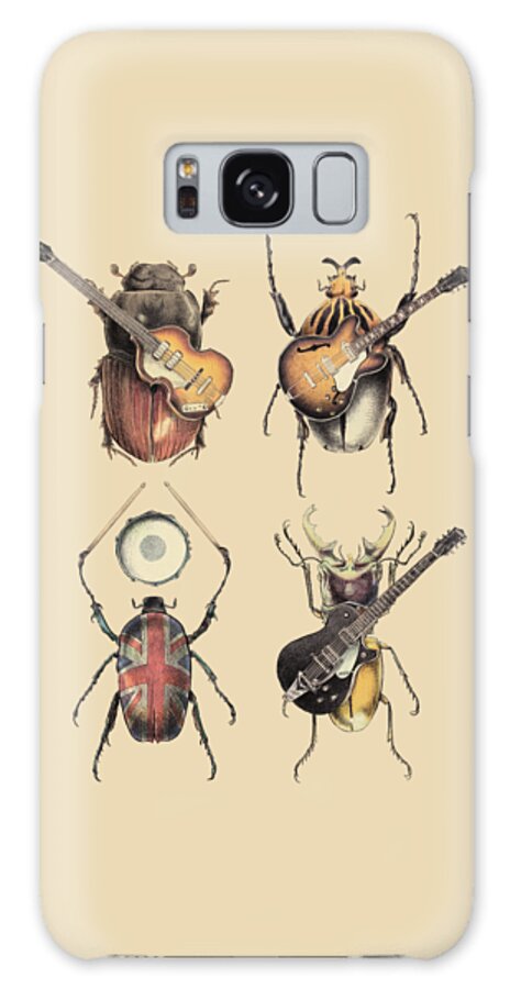 Beetles Insects Pop Music Music Rock And Roll Guitars Drums Epiphone Bass Retro 1960s British Brit Pop British Invasion Entomology Classic Union Jack Funny Electric Guitars Parody Clever Galaxy Case featuring the digital art Meet the Beetles by Eric Fan