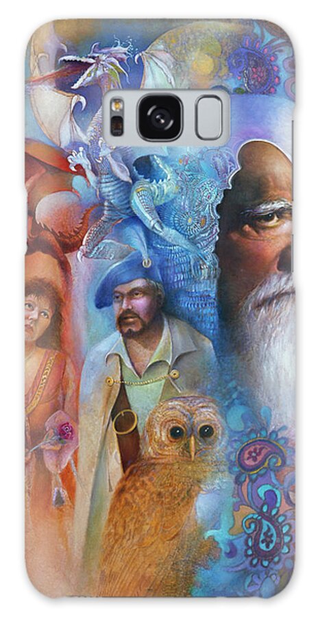 Magician With Images Of A Man Woman And Dragon In The Background Galaxy Case featuring the painting Merlin's World by Denton Lund