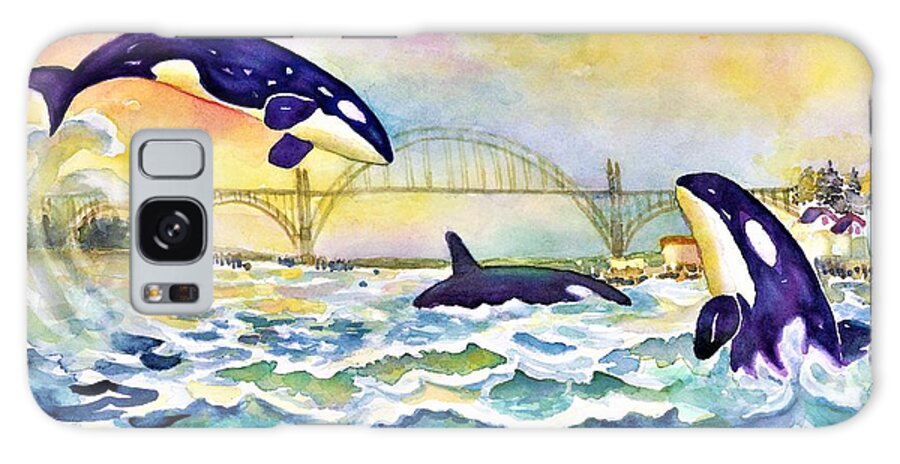 Orca Whales Galaxy Case featuring the painting Orcas in Yaquina Bay by Ann Nicholson