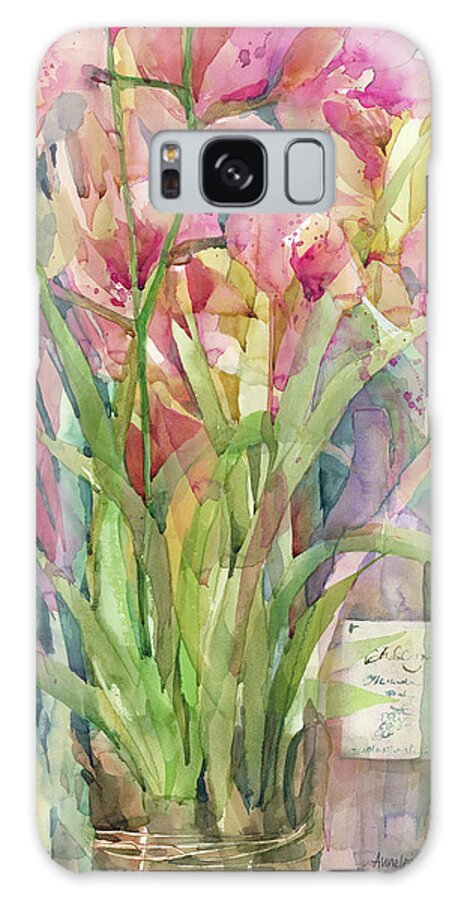 Pink Orchids Galaxy Case featuring the painting Orchid Gathering by Annelein Beukenkamp