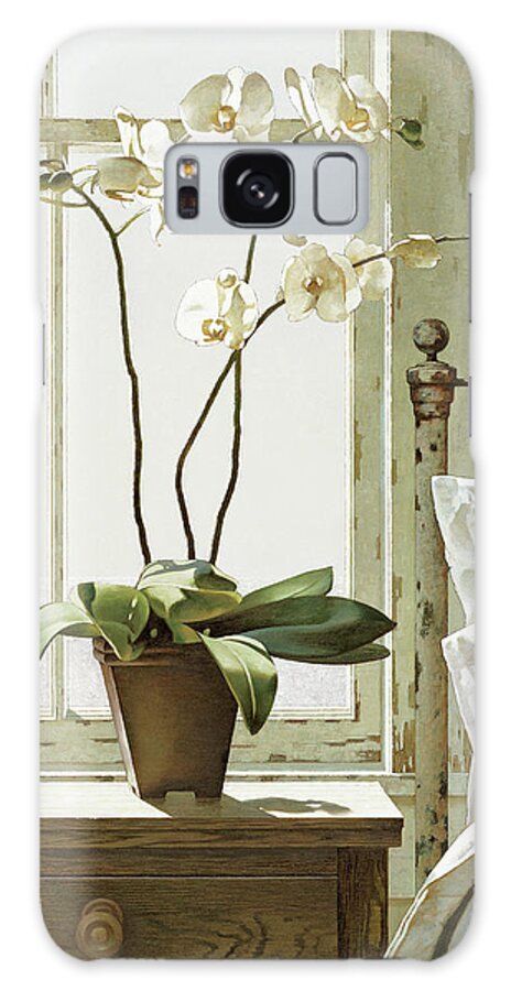 Orchids In Front Of Window On Dresser Next To Bed Galaxy Case featuring the painting Orchids In The Window by Zhen-huan Lu