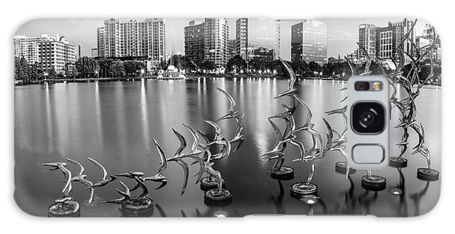 America Galaxy Case featuring the photograph Orlando Lake Eola Skyline Panorama - Take Flight Bird Sculpture - Monochrome by Gregory Ballos