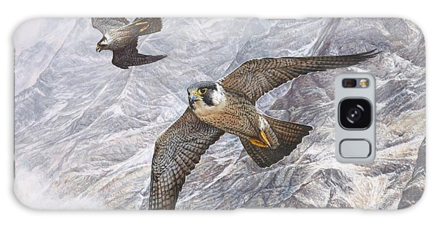 Falcon. Peregrine. Peregrine Falcon. Hawks. Birds Galaxy Case featuring the painting Pair of Peregrine Falcons in Flight by Alan M Hunt