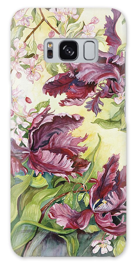 Parrot Tulips With Cherry Blossoms Galaxy Case featuring the painting Parrot Tulips With Cherry Blossoms by Joanne Porter
