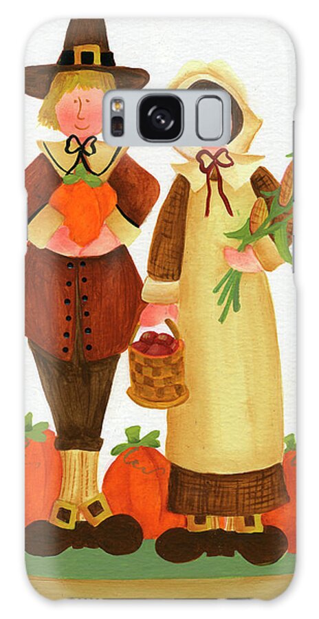 Pilgrims With Pumpkins Galaxy Case featuring the painting Pilgrims With Pumpkins by Pat Olson Fine Art And Whimsy