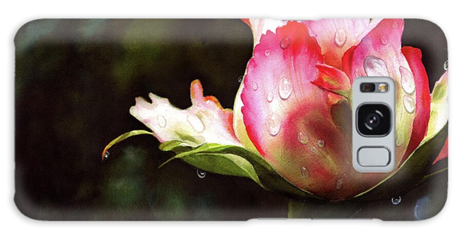 Pink Rose Bud With Dewdrops Galaxy Case featuring the painting Pink Rose Bud With Dewdrops by Doris Joa