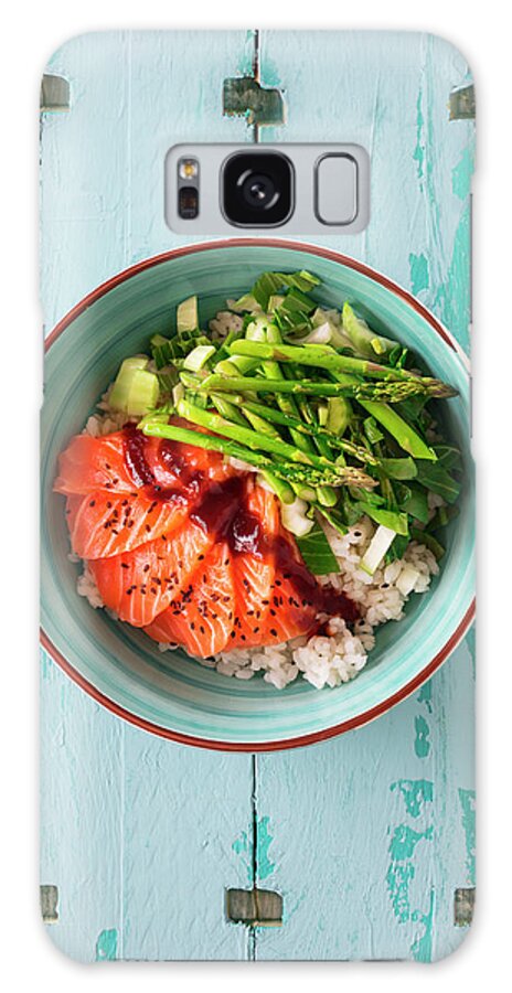 Ip_12440487 Galaxy Case featuring the photograph Poke Bowl With Salmon Sashimi, Sushi Rice, Bok Choy And Thai Asparagus hawaii by Jan Wischnewski
