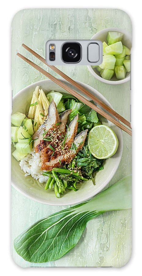 Ip_12440488 Galaxy Case featuring the photograph Poke Bowl With Smoked Mackerel, Cucumber And Corn Cobs hawaii by Jan Wischnewski