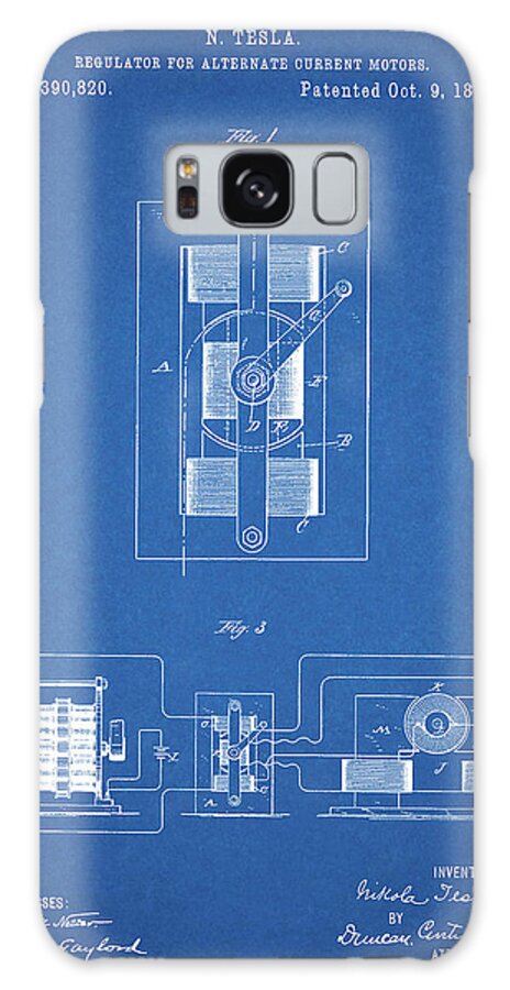 Pp1095-blueprint Tesla Regulator For Alternate Current Motor Patent Poster Galaxy Case featuring the digital art Pp1095-blueprint Tesla Regulator For Alternate Current Motor Patent Poster by Cole Borders
