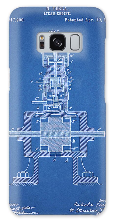 Pp1096-blueprint Tesla Steam Engine Patent Poster Galaxy Case featuring the digital art Pp1096-blueprint Tesla Steam Engine Patent Poster by Cole Borders