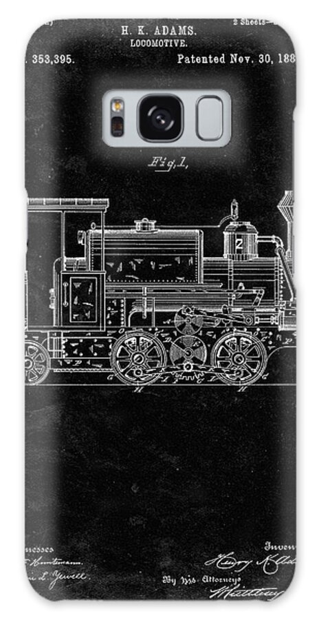 Pp122- Black Grunge Steam Locomotive 1886 Patent Poster Galaxy Case featuring the digital art Pp122- Black Grunge Steam Locomotive 1886 Patent Poster by Cole Borders
