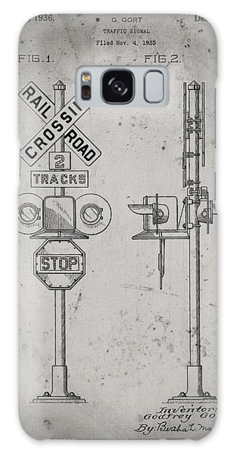 Pp231-faded Grey Railroad Crossing Signal Patent Poster Galaxy Case featuring the digital art Pp231-faded Grey Railroad Crossing Signal Patent Poster by Cole Borders
