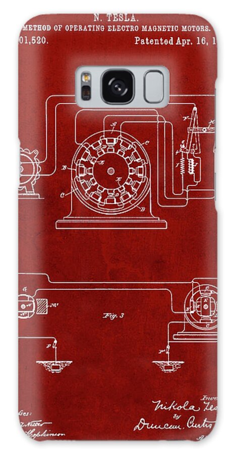 Pp264-burgundy Tesla Operating Electric Motors Map Poster Galaxy Case featuring the digital art Pp264-burgundy Tesla Operating Electric Motors Map Poster by Cole Borders