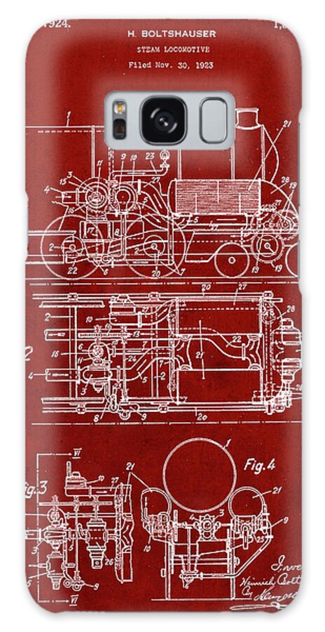 Pp516-burgundy Steam Train Locomotive Patent Poster Galaxy Case featuring the digital art Pp516-burgundy Steam Train Locomotive Patent Poster by Cole Borders
