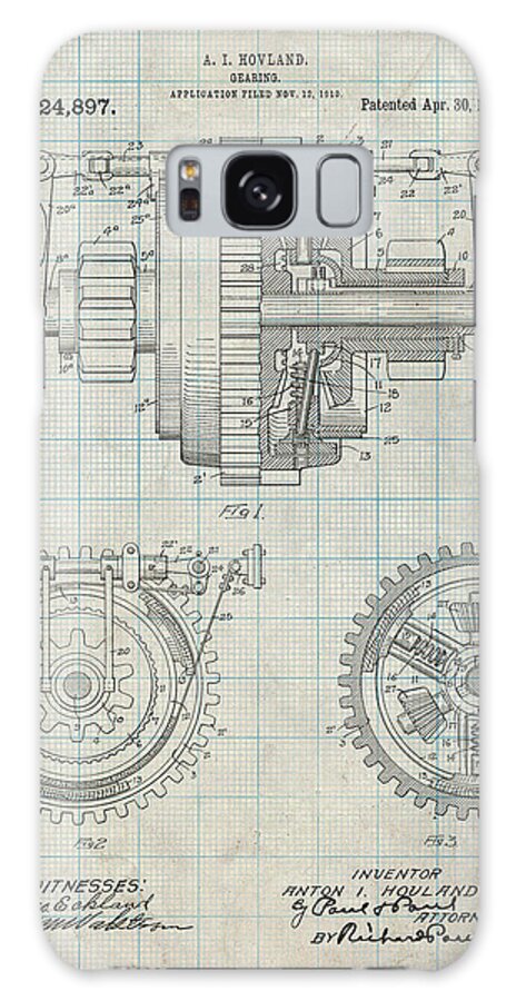 Pp953-antique Grid Parchment Mechanical Gearing 1912 Patent Poster Galaxy Case featuring the digital art Pp953-antique Grid Parchment Mechanical Gearing 1912 Patent Poster by Cole Borders