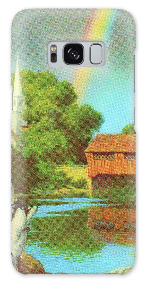 Birch Galaxy Case featuring the drawing Rainbow Shining Down to a Church and Covered Bridge by CSA Images