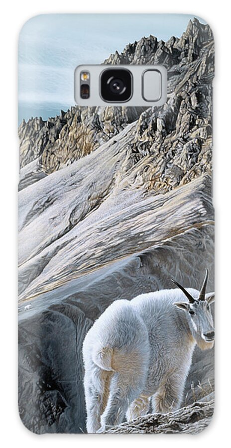 A Mountain Goat Traverses A Snowy Mountainside. Galaxy Case featuring the painting Ramparts- Mountain Goats by Ron Parker
