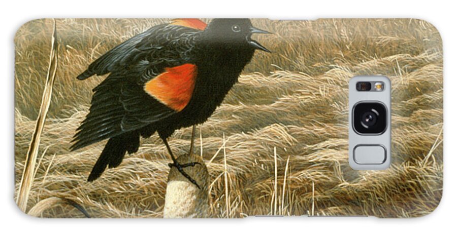 A Red Winged Blackbird Calls Out From Its Perch. Galaxy Case featuring the painting Red Winged Blackbird by Ron Parker