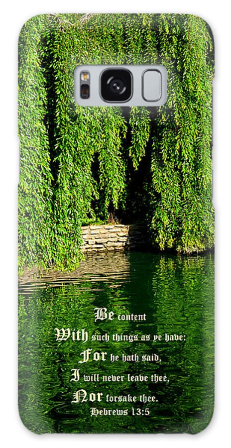 Garden Lake Galaxy Case featuring the photograph Reflections with Hebrews 13 vs 5 by Mike McBrayer