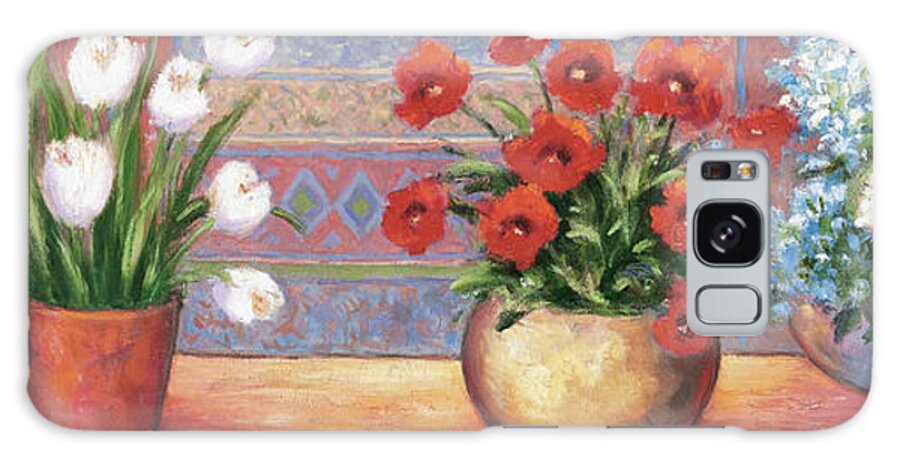 Five Flower Pots On A Table Top Galaxy Case featuring the painting Row Of Flower Pots - B by Debra Lake