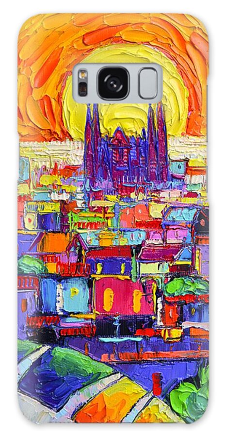 Barcelona Galaxy Case featuring the painting SAGRADA FAMILIA FROM PARK GUELL AT SUNRISE BARCELONA ABSTRACT CITIES impasto painting Ana Edulescu by Ana Maria Edulescu