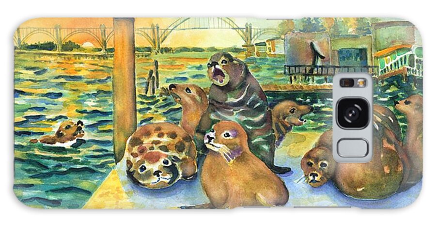 Sea Lions Galaxy Case featuring the painting Sea lions @ Yaquina Bay by Ann Nicholson