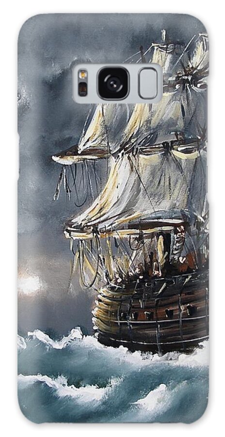 Ship Voyage Acrylic On Canvas Painting Print Seascape Ocean Water Wave Sea Storm Dark Blue Evening Cloudy Sail Sailing Boat Sail Cloth Galaxy S8 Case featuring the painting Ship Voyage by Miroslaw Chelchowski