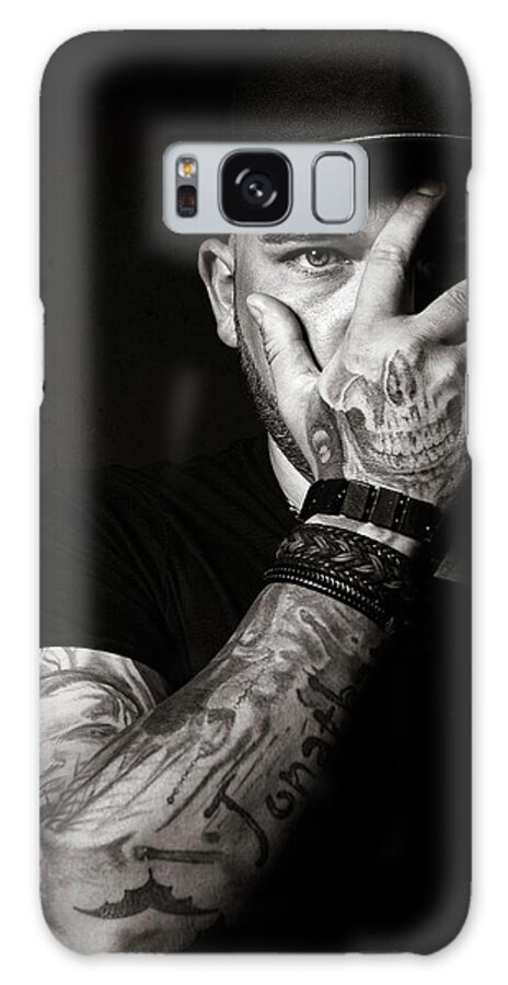 Tattoo Galaxy Case featuring the photograph Skull tattoo on hand covering face by Johan Swanepoel
