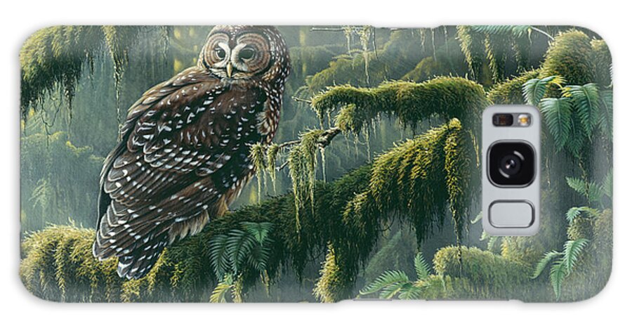 Spotted Owl On A Mossy Tree Branch Galaxy Case featuring the painting Spirit Of Ancient Forests - Spotted Owl by Wilhelm Goebel
