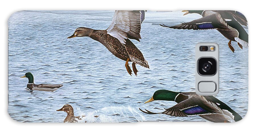 Five Ducks Landing On The Water Galaxy Case featuring the painting Spring Arrivals by Rusty Frentner