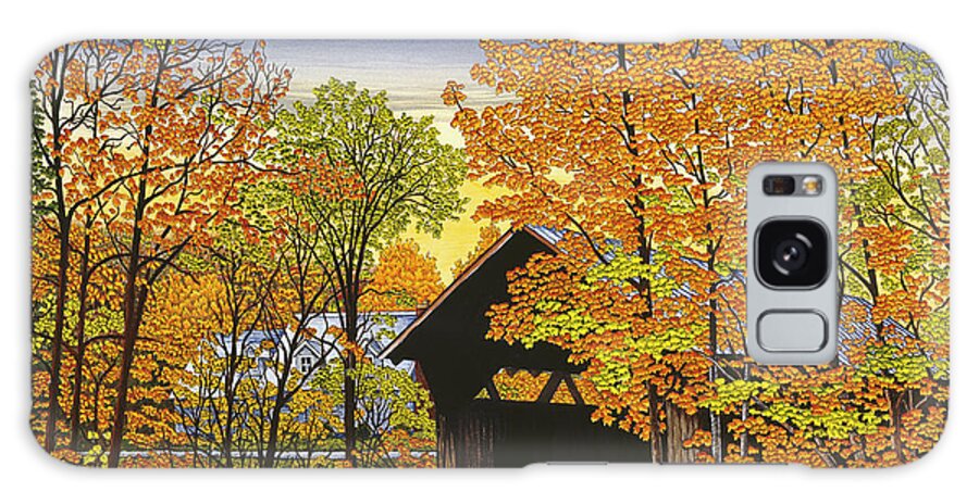 Covered Bridge With Trees Around It That Are Changing Colors Galaxy Case featuring the mixed media Stowe Hollow Bridge by Thelma Winter