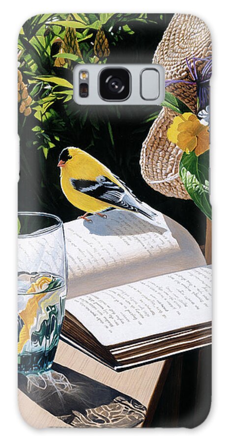 A Yellow Bird Perched On An Open Book Next To A Glass Of Lemonade With A Straw Hat With Yellow And Purple Flowers Galaxy Case featuring the painting Summer Hat by Ron Parker
