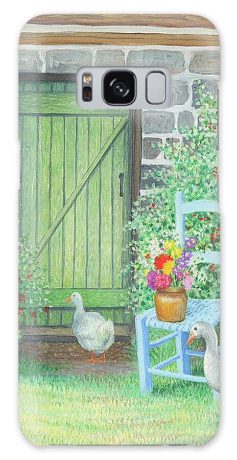Two Geese And Blue Chair In Front Of A Green Door And Stone Wall Galaxy Case featuring the painting Summertime by Kevin Dodds