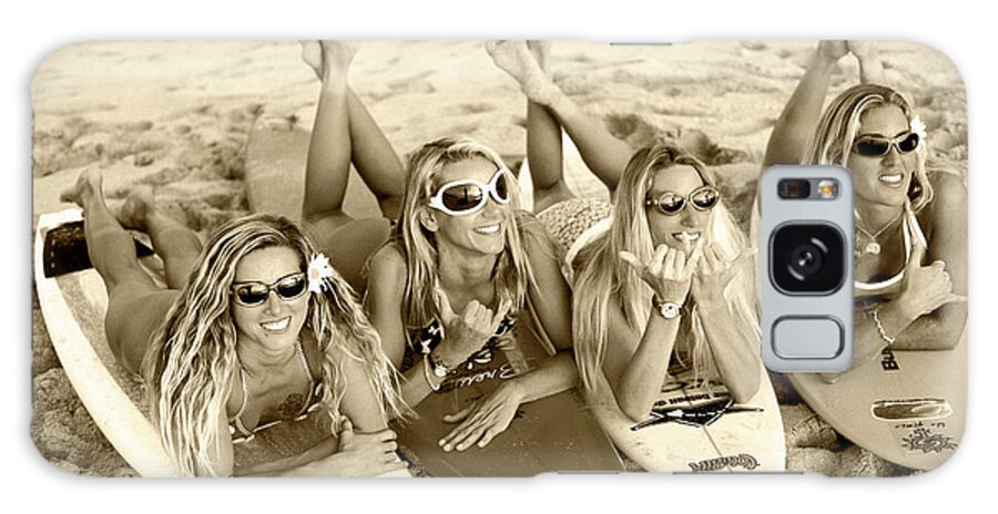  Surfer Galaxy Case featuring the photograph Surf Girls - sepia by Sean Davey