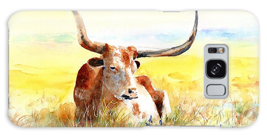 Longhorn Galaxy Case featuring the painting Texas Longhorn, Bluebonnets and Sunshine by Carlin Blahnik CarlinArtWatercolor