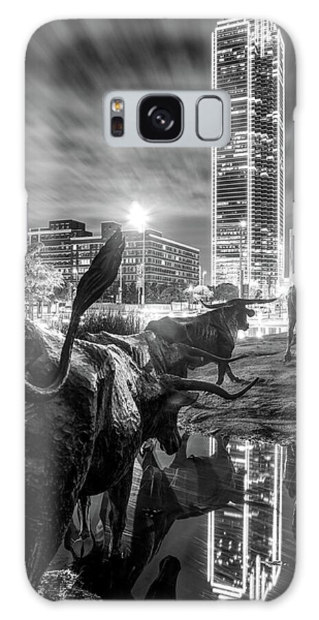 America Galaxy Case featuring the photograph Texas Longhorn Cattle Drive Sculptures and Dallas Skyline - Monochrome by Gregory Ballos