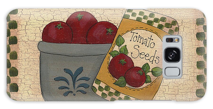 Bowl With Tomatoes Next To A Package Of ?tomato Seeds? With Checkered Border 
    Xxxx Galaxy Case featuring the painting Tomato Seeds by Debbie Mcmaster