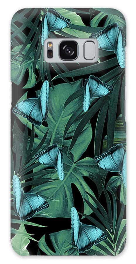 Photography Galaxy Case featuring the mixed media Tropical Butterfly Jungle Night Leaves Pattern #5 #tropical #decor #art by Anita Bella Jantz