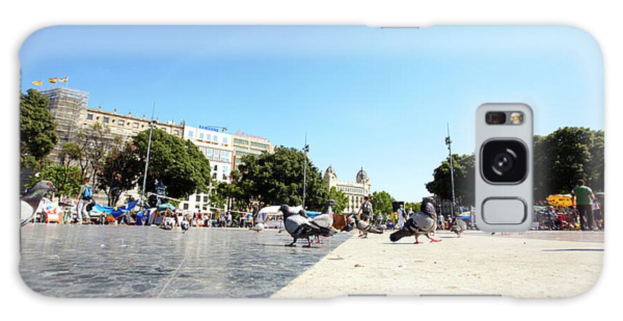 Ip_10316538 Galaxy Case featuring the photograph View Of City Centre Square With Pigeons And Flea Market At Barcelona, Spain, Surface Level by Jalag / Andrea Kppers