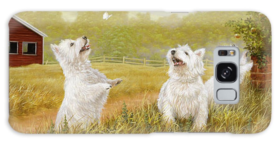 A Group Of Five Dogs Playing Galaxy Case featuring the painting Westie Panorama by John Silver