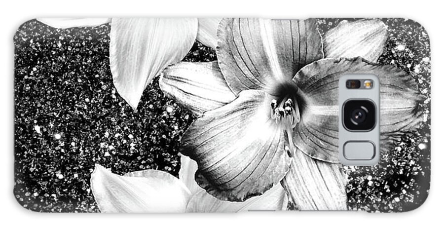 Black-and-white Galaxy Case featuring the mixed media White Lilies on Black Glitter #1 #floral #decor #art by Anitas and Bellas Art