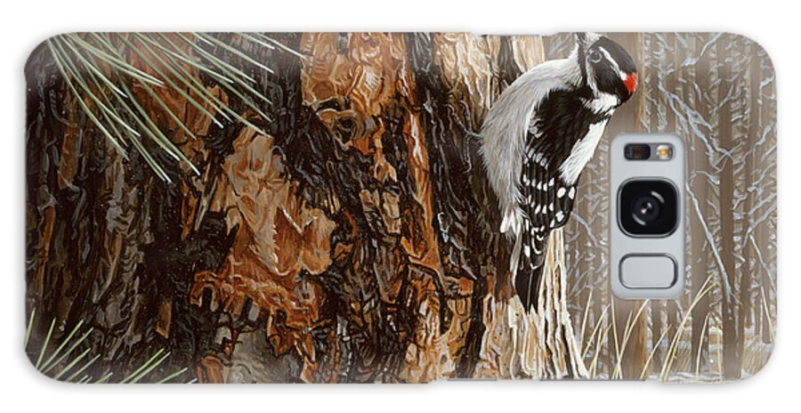 A Downy Woodpecker Rests On A Winter Pine. Galaxy Case featuring the painting Winter Pine- Downy Woodpecker by Ron Parker