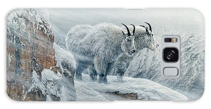 Two Mountain Goats On A Snow Covered Ledge. Galaxy Case featuring the painting Winter's Fury Mountain Goat by Ron Parker