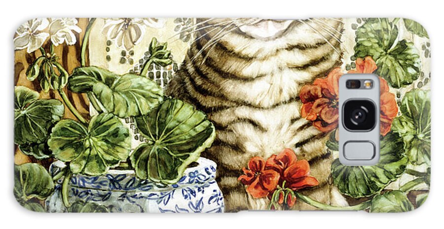 A Tiger Cat Sitting On A Table Surrounded By Geraniums Galaxy Case featuring the painting Winter?s Garden by Jan Benz
