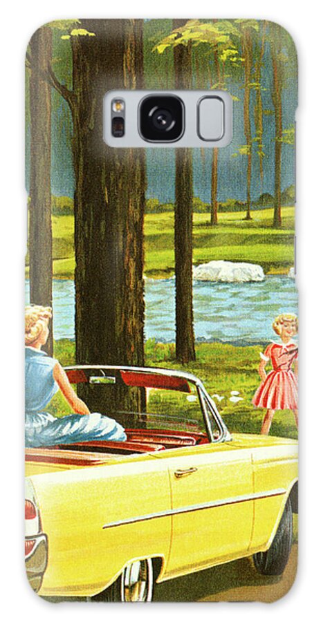 Auto Galaxy Case featuring the drawing Yellow Convertible Parked by a Stream in the Woods by CSA Images