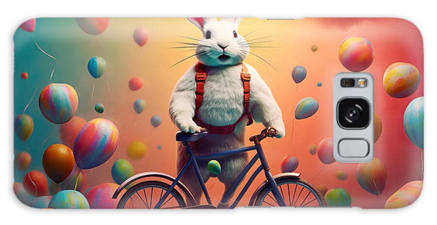 Rabbit Galaxy Case featuring the painting A cute cheerful rabbit holds an egg and rides a bicycle on the o #1 by N Akkash