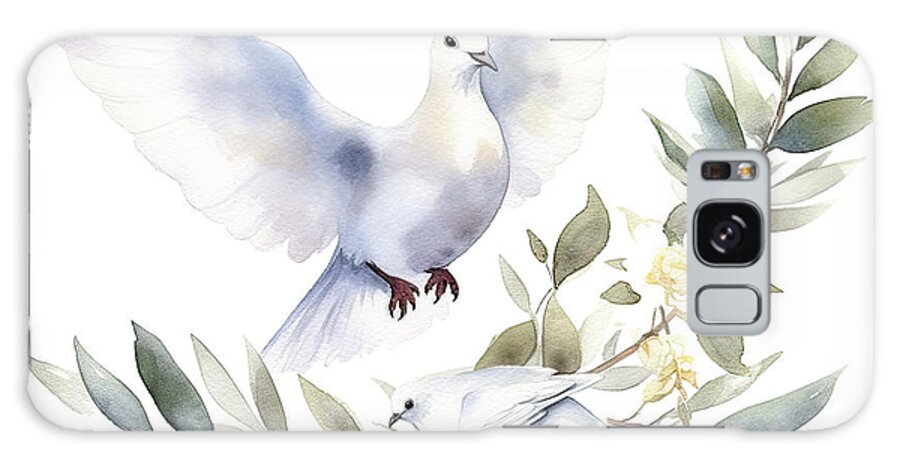 Peace Galaxy Case featuring the painting Watercolor white dove and olive branches. Hand drawn watercolor #1 by N Akkash