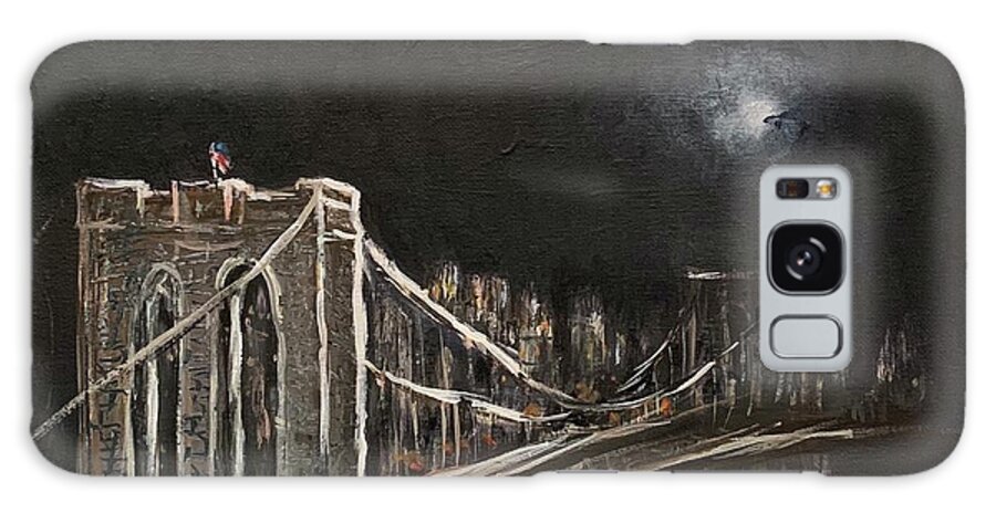 Brooklyn Bridge New York Dark Moon Night Miroslaw Chelchowski Acrylic On Canvas Painting Black Moonlight American Flag Water Print Galaxy Case featuring the painting Brooklyn Bridge #3 by Miroslaw Chelchowski