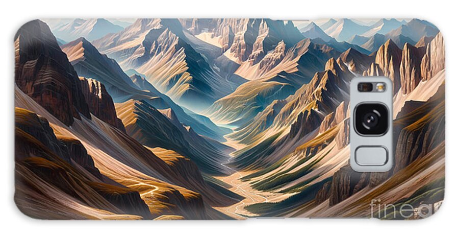 Mountain Galaxy Case featuring the painting A high mountain pass with a view of peaks and valleys below by Jeff Creation